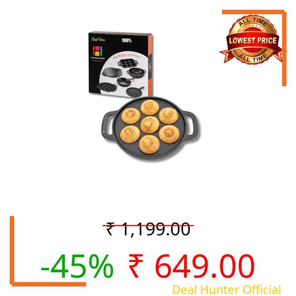 Human Hydro Pre-Seasoned Cast Iron Paniyaram Pan (7-Pit) | Naturally Nonstick, Induction & Gas Compatible | Heavy-Duty Cookware for Paddu, Appam, Kuzhi Paniyaram & More