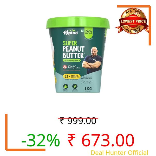 Alpino Super Peanut Butter with KSM-66 Ashwagandha Chocolate Crunch 1kg - Curated by Mukesh Gahlot "Guruji" – High Protein, Clinically Tested with 21+ Health Benefits: Aids Strength, Stamina and Recovery