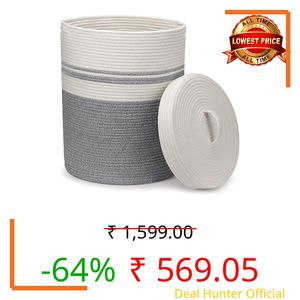 GRATIFY Extra Large Storage Basket with Lid 60L, 12"Wx15"H Woven Laundry Basket with Lid Wicker Basket Blankets Pillows Storage in Living Room Baby Nursery.(Mix kidi grey White 12x15)