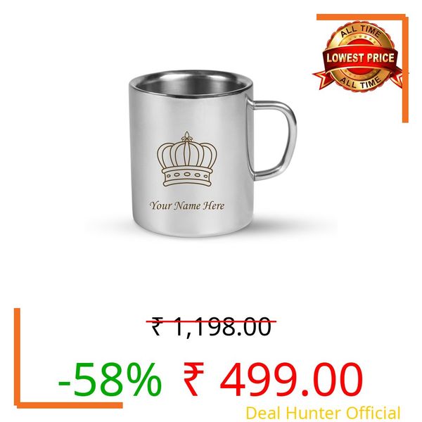 SAVRI Personalized Stainless Steel Mug for Kids with Customized Name Engraved & Cartoon Design | 220 ml Double Wall Insulated Mug for School, Milk, Juice & Water (King Crown)
