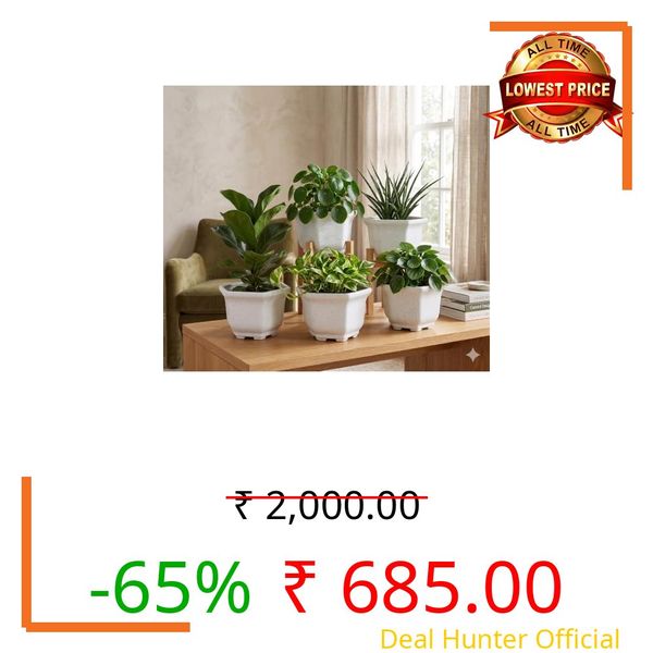 PLANTORI Set of 5 Gamle Pot - 6 inch Pots for Plants with Diameter of 8 inches for Big Size Plants - White Marble Finish | Plastic Planters for Home