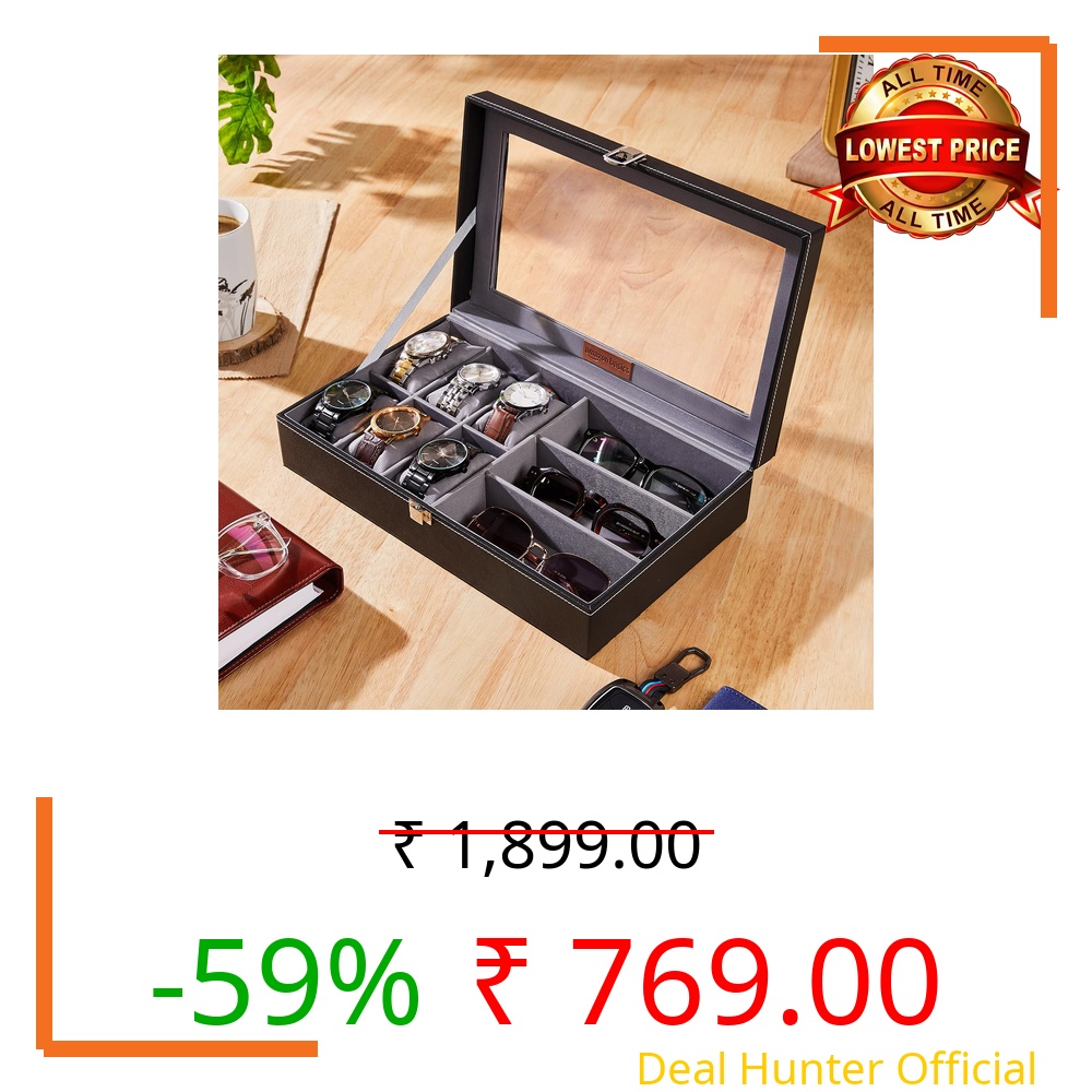 Amazon Basics Unisex Faux Leather Watch Organiser Box with 9 Slots | 6 Watch Storage Compartments | 3 Sunglasses Holder | Transparent Lid (Black)