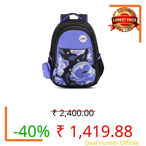 Skybags Floral 02 37 Liters Floral Print Premium Polyester Fabric School Backpack for Kids with Multiple Compartments and Adjustable Strap - Girls (Blue)