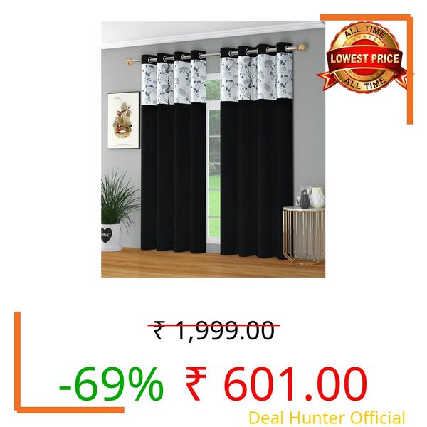 Jiyansh Decor Nexus Patch Floral Polyester Door Curtains 7 Feet Long Set of 2 | Grommet Room Darkening Drapes Curtains for Living Room Office & Home Decor (4 X 7 Feet) - Black