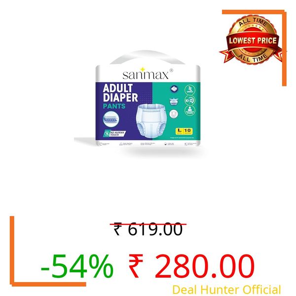 Sanmax Adult Diaper L Pants Large (100-135 cm | 30"-54"), 10 Count Unisex, Elastic Waist, Wetness Indicator Leakproof 12 Hr Absorption, Japanese Polymer Old Age L Size Adult. Diapers Pant Style