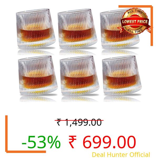 ZROY ENTERPRISE 360° Rotating Whiskey Glass – Set of 6, 170ml, Spinning Crystal Tumbler for Whiskey, Bourbon, Scotch & Cocktails – Elegant Barware Gift (6, Rotating Line)
