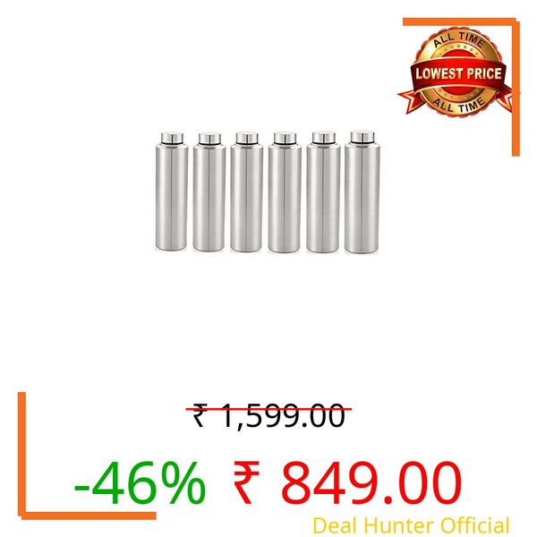 Kalashh Stainless Steel Water Bottle - 900 ML, Fridge Water Bottles, Set of 6, Leak-Proof, Rust-free Steel Bottle, Easy Grip, Easy to Carry, Travel Bottle - Silver