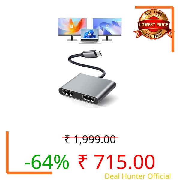 USB C to Dual HDMI Adapter, with 2 4K@60Hz HDMI Docking Station, Type C to HD Splitter for 2 Monitors, Suitable for MacBook Air/Pro, Dell, HP, Lenovo, Chromebook, Surface USB Type C Laptops