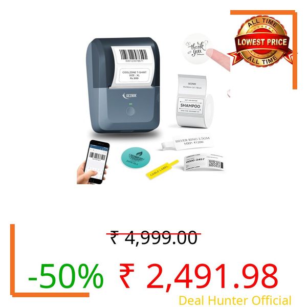 SEZNIK Tej Bluetooth Mini Thermal Label Printer for Business Office Home | Inkless Thermal | Mobile, Desktop Compatible | 58 mm (2 inches) | Lifetime Free App | 1 Year Warranty (Tej Label Printer)