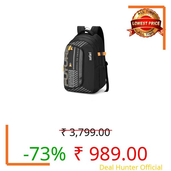 Safari Terra 37L School Bag for Boys & Girls, Casual 3 Compartment Backpack Bag with Armor Base, Rain Cover, File holder, Bottle Holder and Organizer, College Bag for Men and Women, Color Black