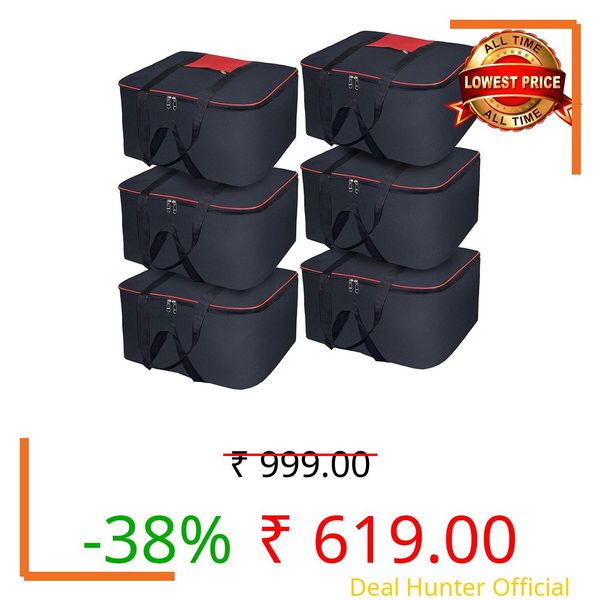 Just Mart Moisture Proof Nylon Medium Size Underbed Storage Bag For Clothes (54 x 46 x 28 cm) - Black, Rectangular (Packof 6)
