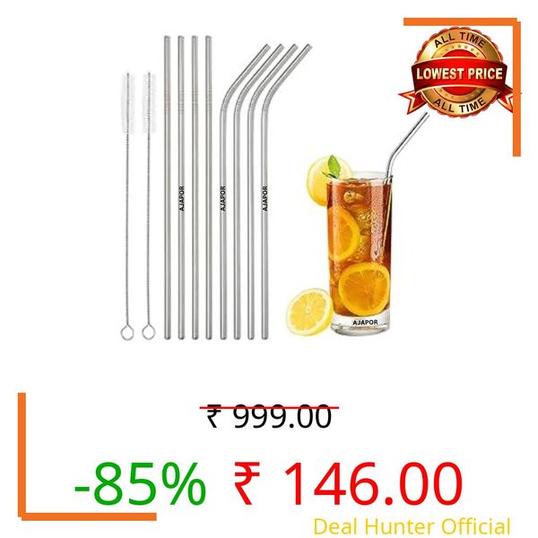 AJAPOR Stainless Steel Straws for Kids & Adults with Cleaning Brush, Reusable Metal Straws, Steel Straws for Drinking Juice and Tender Coconut (4 Bent + 4 Straight + 2 Brushes) 10 Pieces