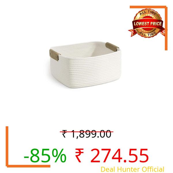 AURA NEST Jute Cotton Storage Gift Basket For Home & Kitchen | Rectangle Case For Closet | Foldable Packing Box | Durable | Multipurpose Busket | Ideal For Gift & Decoration | 12X8X5 In | White
