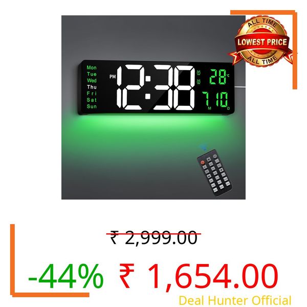 Maxstar 16" Digital Wall Clock with Remote, 2 Alarms, DST, Date, Week, Dimmer,Large Digital Clock With Temperatur,Jumbo Number,LED Display,Night Light for Living Room,Kitchen,Garage,Gym,Desk (Green)