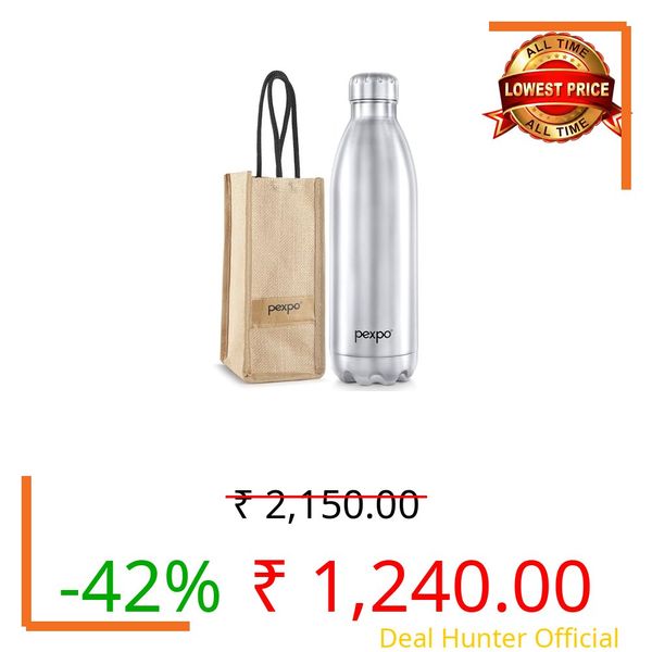 PEXPO Electro ISI Certified Hot & Cold Flask with Jute Bag |2 Year Warranty| Stainless Steel Water Bottle- 2000ml, Silver | Ideal for Travelling, Home, Picnic, Outing