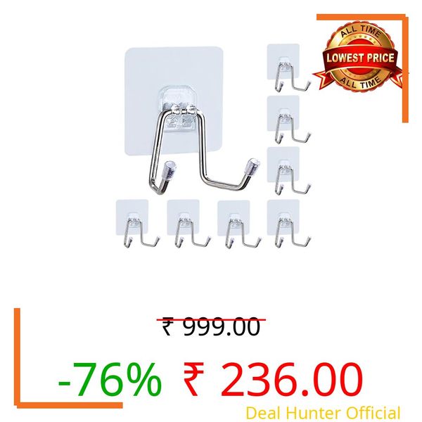 QXORE Adhesive Hooks for Hanging Heavy Duty Robe Towel Sticky Clear Hooks Waterproof Adhesive Wall Hooks for Home Bathroom Kitchen Office and Outdoor (Double Steel Hook, 2PCS)