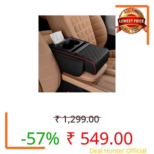 FREESOO Car Center Console Cover, Leather Armrest Cover for Car, Universal Middle Console Cushion with Storage Box, Cup Holder, Tissue Box & Phone Slot, Waterproof Interior Accessories, Black Red