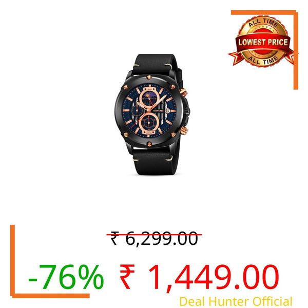 SKMEI Men’s Quartz Analog Chronograph Watch, Moon Phase Display Blue Dial Case Men's Watch, Leather Black Band, Stopwatch, Waterproof 30M, Fashion Wristwatch for Casual & Formal Wear - 9351