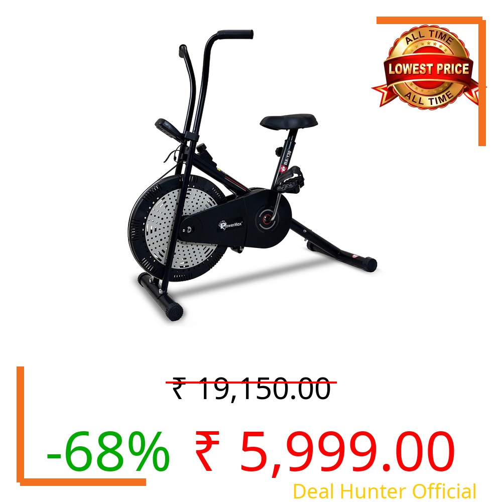 PowerMax Fitness BA-130 Air Bike Exercise Cycle for Home-Gym Workout with 1.5kg Fly wheel, Non-Slip Pedals |Fixed Handle Gym Bike for Max user 120kg, Belt Drive, Adjustable seat-Black