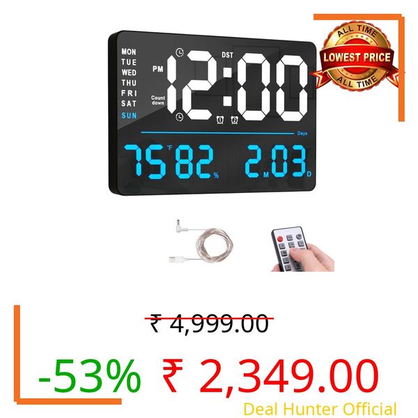 ELEXIQ 16" Large-Digital-Wall-Clock Large Display with Remote Control, Automatic Brightness Alarm Clock with Temperature, Date, Week for Living Room Office Decor (16" Square White & Blue)