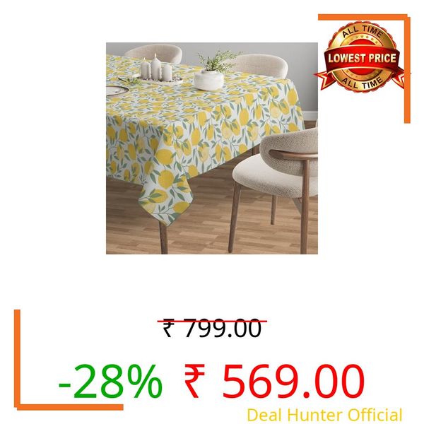 R home Lemon Print 56 x 56 Inch Table Cover for 4 Seater Dining Table | 100% Cotton Fabric | Premium Square Table Cloth | Washable, Reusable & Durable | Kitchen, Dining & Center Table Cover