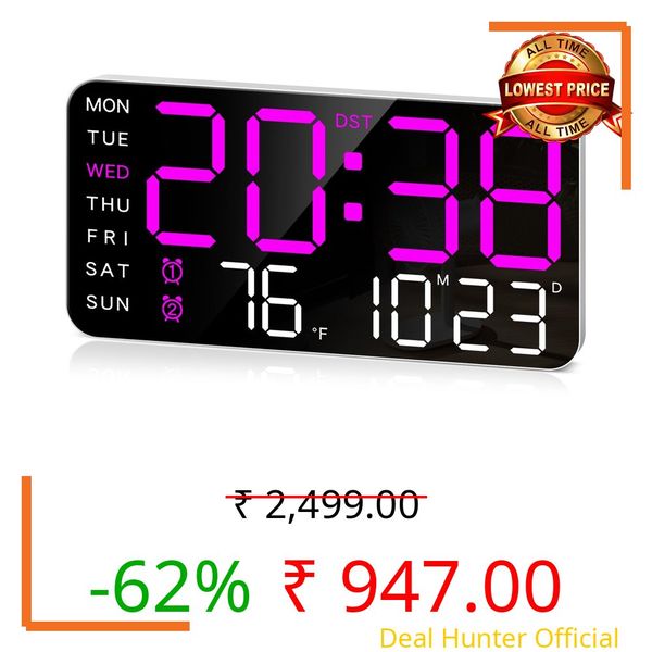 MG SALESS Digital Wall Clock, LED Alarm Clock with Day & Date, Temperature. 5-Level Brightness for Home Office, Bedroom, Living Room, Classroom, Modern Decor Design (8.4''x4.3'') (Purple)