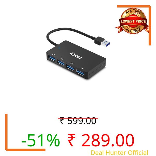 Foxin 4-in-1 USB Hub Ultra Slim | 1 x USB 3.0 & 3 x USB 2.0 Ports | Multi USB Port Connector for Laptop, PC, Mac | High Speed Data Transfer Upto 5Gbps | Plug & Play Multiport Adapter - FUH 004