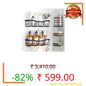 Plantex Self Adhesive Bathroom Shelf/Bathroom Organiser Without Drill/Adhesive Wall Shelves/No Drill Bathroom Shelves/Soap Holder with Tooth Brush Holder-(Black, Pack of 5)