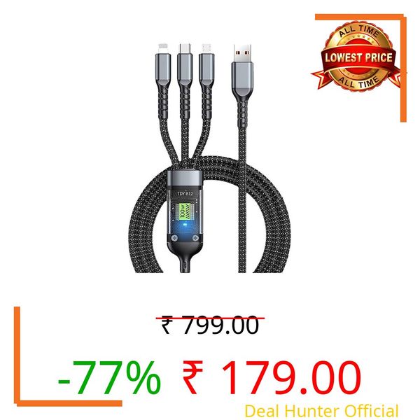 IBOND 3-in-1 Multi Charging Cable | USB to Lightning, Type-C & Micro USB | 100W Fast Charging | Durable Nylon Braided & Tangle-Free | Ideal for Car, Office & Home Use