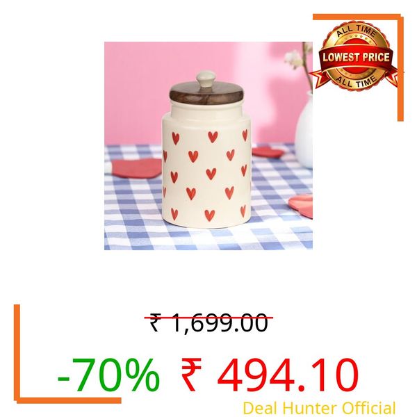 ClayStone Airtight Ceramic Jar - 1000ml Each - Wooden Lid - Kitchen Containers for Sugar, Tea, Salt, Pickles, Pulses & More (Red Heart)