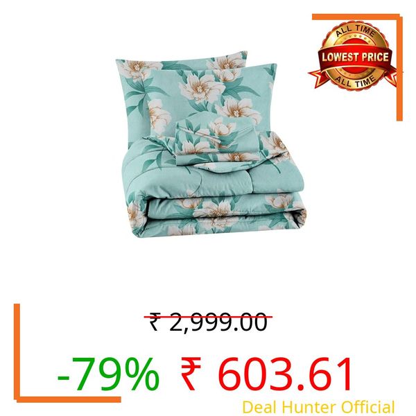 VAS COLLECTIONS Microfiber 220 GSM Glace Cotton Single AC Comforter Set (60x90 inch) with Single Bedsheet (220x152 cm) and 1 Pillow Covers | 3 Piece Bedding Set - Green Floral