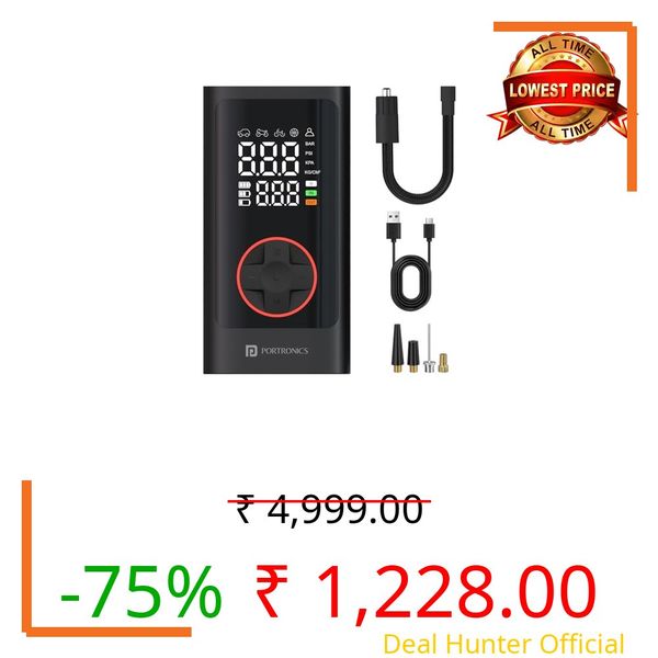 Portronics Vayu 7.0 Tyre Inflator, Full-Size Digital Display, 4000 mAh Battery, 150 PSI Pressure, Preset Modes, Flashlight with SOS, Pressure Detection, for Cars, Bikes, Bicycles & Balls(Black)