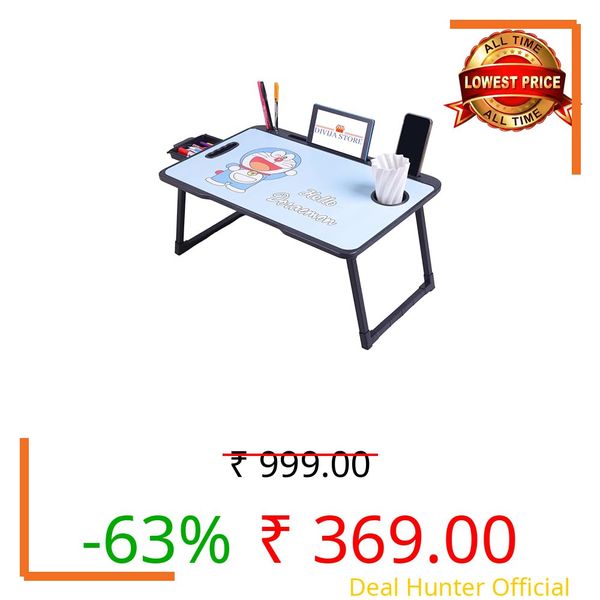 DIVIJA STORE Wood Smart Multipurpose Foldable Laptop Table with Cup Holder, Study Table, Bed Table, Breakfast Table, Foldable and Portable & Rounded Edges/Non-Slip Legs (doremon-cotted), 59 x 40 Cm