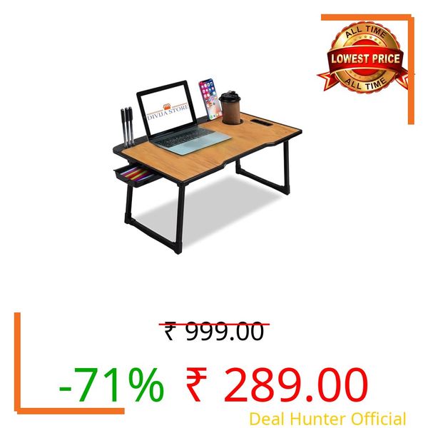 DIVIJA STORE Smart Multipurpose Foldable Laptop Table with Cup Holder, Study Table, Bed Table, Breakfast Table, Foldable and Portable/Ergonomic & Rounded Edges/Non-Slip Legs (Wood-cotted), 59 x 40 Cm