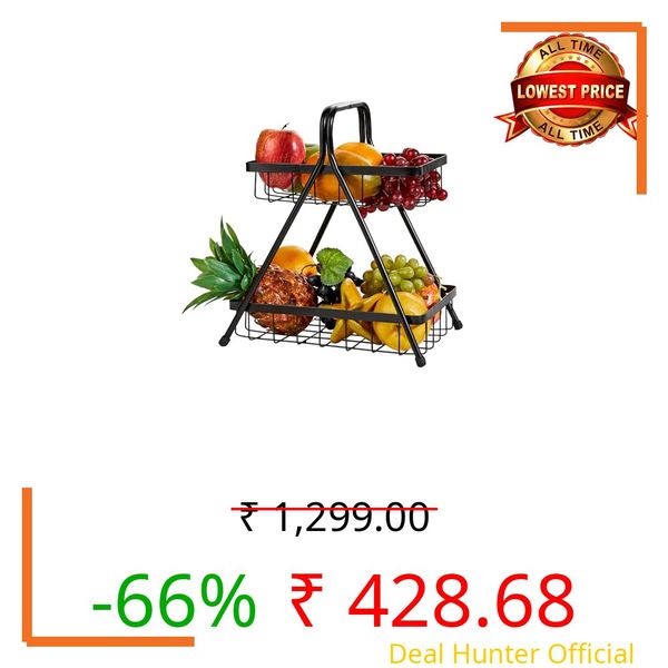 Amazon Brand - Solimo High Grade Metal 2-Tier Fruit & Vegetable Basket | Iron | Black Powder-Coated Finish | Space-Saving Kitchen Organizer