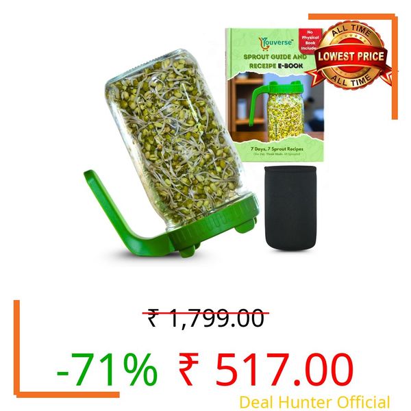 Youverse Sprouts Maker Jar – 950ml Large Glass Sprout Jar with Handle & Drain Lid – Sprout Maker Box for Mung Beans, Microgreens, Kanji – BPA-Free Sprouts Maker for Home Kitchen (GREEN)