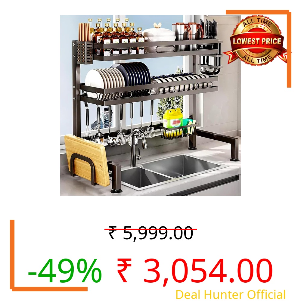 IBELL DR275 Over Sink Dish Rack for Kitchen, Bartan Stand for Drying, 2 Layer, Carbon Steel, Kitchen Organizer/Drainer Shelf/Utensils Storage (IBLDR275, Black), 27x75x80 cm