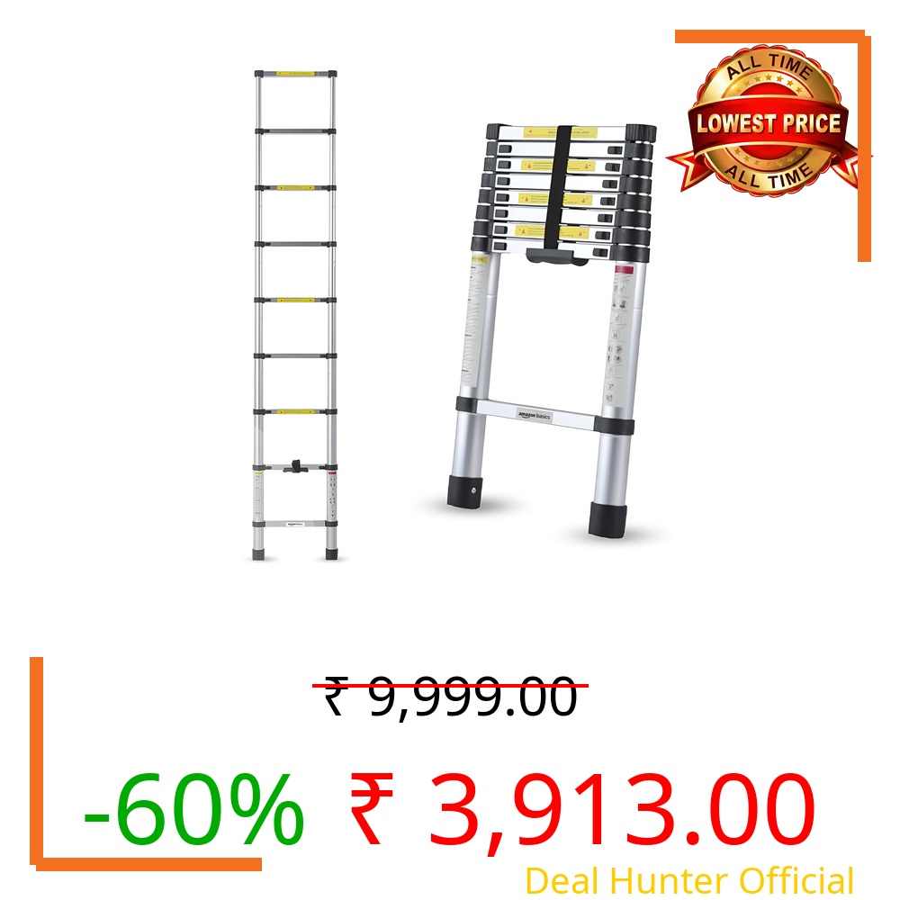 Amazon Basics 2.6m (8.5 feet) Portable & Compact Aluminum Telescopic Ladder | 2-Year Warranty | EN131 Complied 9-Steps Foldable Multipurpose Step Ladder for Home & Outdoor use