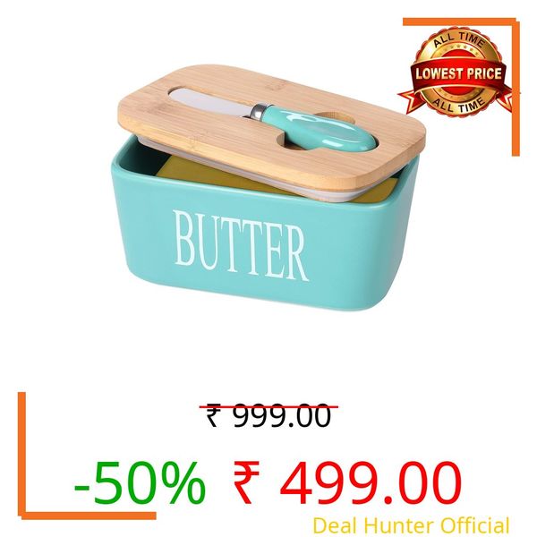 ISEAU Ceramic Butter Dish with Wooden Lid, Large Butter Container Keeper Storage with Stainless Steel Butter Knife Spreader, Bamboo Cover and Silicone Sealing Ring for Butter (Green)