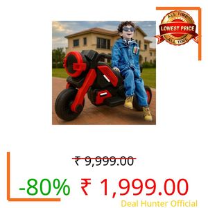 Storio Red Battery Ride-on Bike for Kids – Electric Motorcycle with Support Wheels, Music, LED Lights, Headlight, Rechargeable Battery, Smooth Ride.