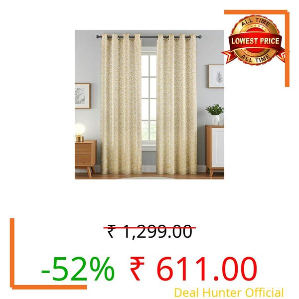 Yellow Weaves Rich Jacquard Fabric Curtains for Long Door, String Leaves, 7 Feet, Pack of 1, Muted Gold