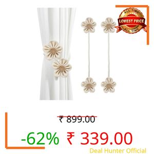 JAZLOG Farmhouse Rustic Curtain Tiebacks: Adjustable Holdbacks for Drapes - 4 Pack Handmade Braided Cotton Macrame Tie Back for Heavy Curtains (Pack of 04) (Off White) (2 White Flower)