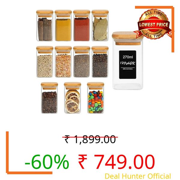 PINNAZ INTERNATIONAL high borosilicate airtight glass jar with plain Chalkboard Labels, wooden lid for kitchen storage, Gifting,Snacks,Spice,Cookies,Dry-Food,multi-grain (280 ML SQUARE JAR, 6 PIECE)