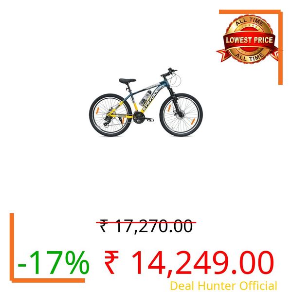 Stryder 26T Krueger 21S Gear Mountain Cycle (Black–Teal Green) – 21-Speed | Front Suspension | Dual Disc Brakes | Steel Frame | Double Wall Alloy Rims | Unisex MTB Bicycle (Blue::Yellow)