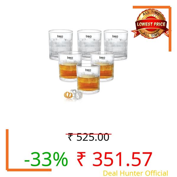 Treo by Milton Elix Whiskey Glass Set of 6 I Premium Glass Tumbler for Bourbon, Scotch & Cocktails I 340 ml