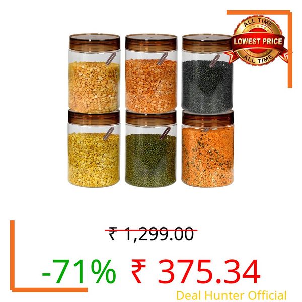 Homeor Plastic Storage Jar & Containers With Spoon, Airtight & BPA Free Containers for Kitchen Storage, Grocery Kitchen Container, Multipurpose Jar, Fridge Storage Container, 1200 ML Set 6, Brown