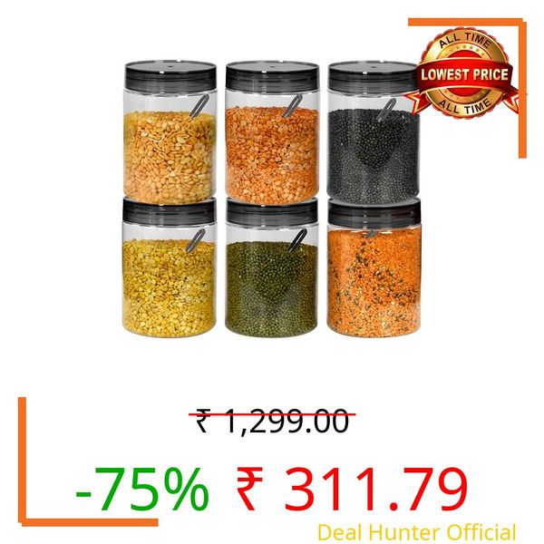 Homeor Plastic Storage Jar & Containers With Spoon, Airtight & BPA Free Containers for Kitchen Storage, Grocery Kitchen Container, Multipurpose Jar, Fridge Storage Container, 1200 ML Set 6, Black