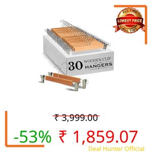 SHOPIVAAN Wooden Hangers for Clothes Hanging | 360° Swivel Hook with 2-Adjustable Clip Hangers for Pants, Skirts, Sarees | Wooden Trousers Bottom Hangers for Wardrobe (30, Beige)