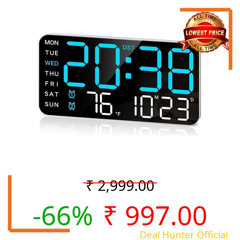 Zollyss Digital Wall Clock for Hall | LED Digital Clock for Wall with Time, Date & Day | Temperature, Dual Alarms, Voice Control, Adjustable Brightness | USB Powered for Bedroom & Office