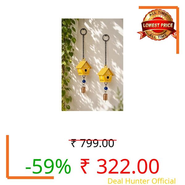 WARMINGO DE 2 Pc Hut Wall Hanging Decor | Garden Tree Hanging Bells Decoration | Handpainted Hanging Ornaments for Home Living Room Wind Chime (Yellow)